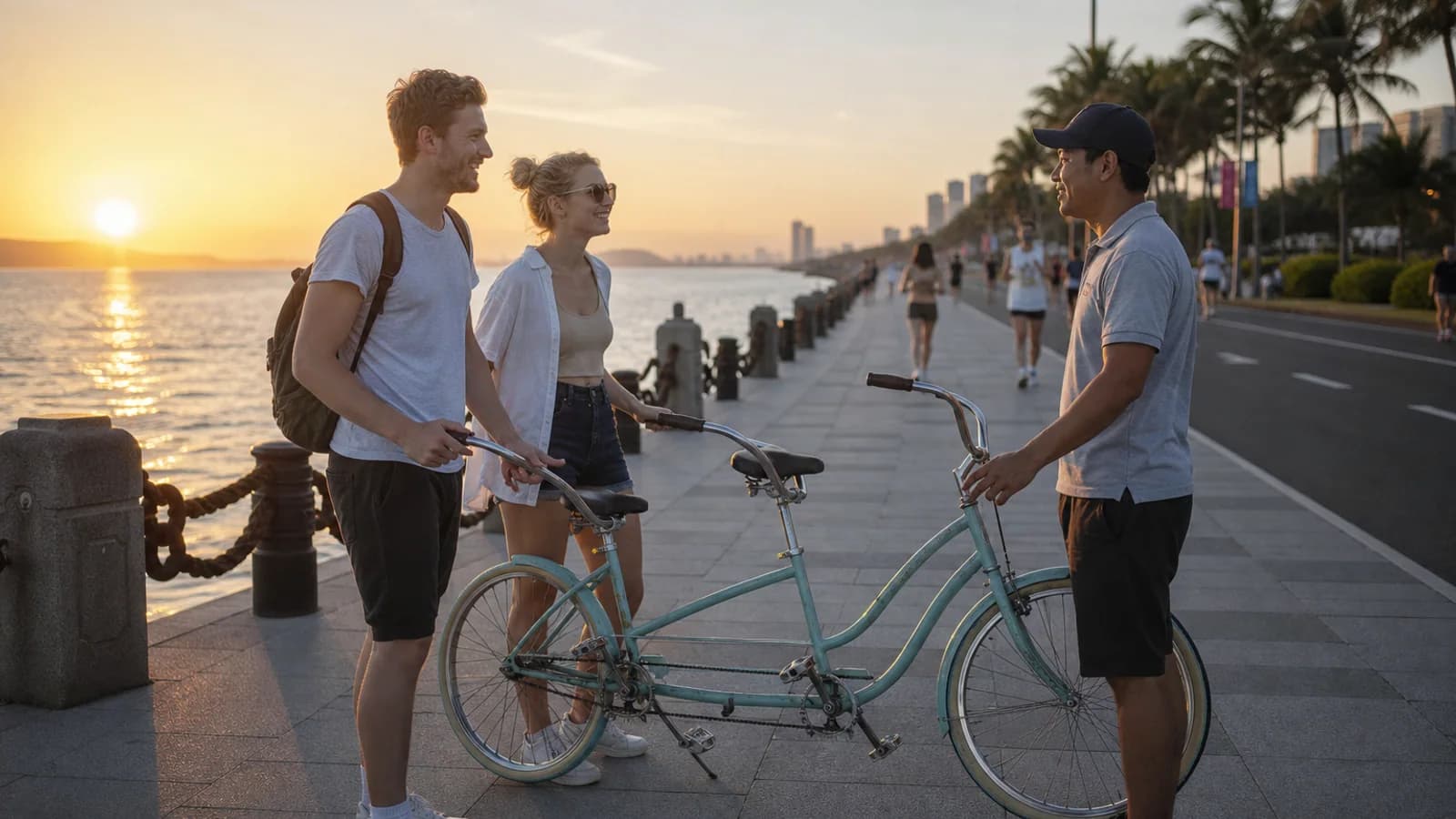 Couple cycling waterfront at sunset
