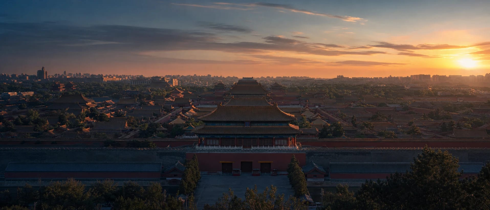 The Forbidden City at blue hour with warm dawn light over Beijing
