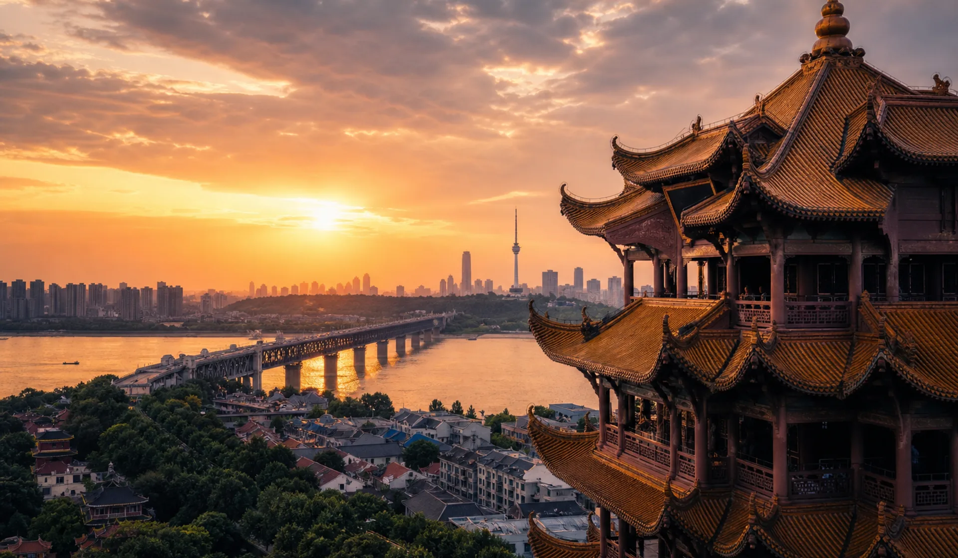 Wuhan skyline and Yingwuzhou Yangtze River Bridge viewed from Yellow Crane Tower